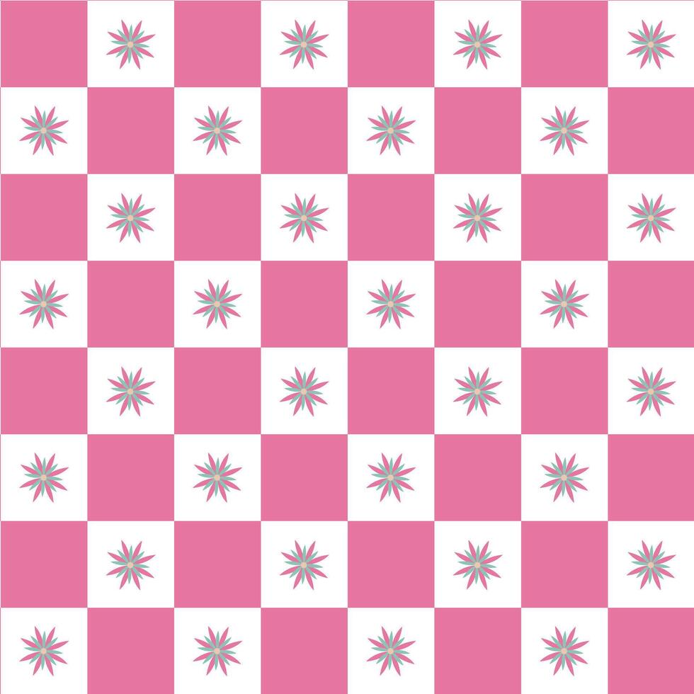 Geometric pattern in pink and white checkered with stars. Seamless pattern. vector