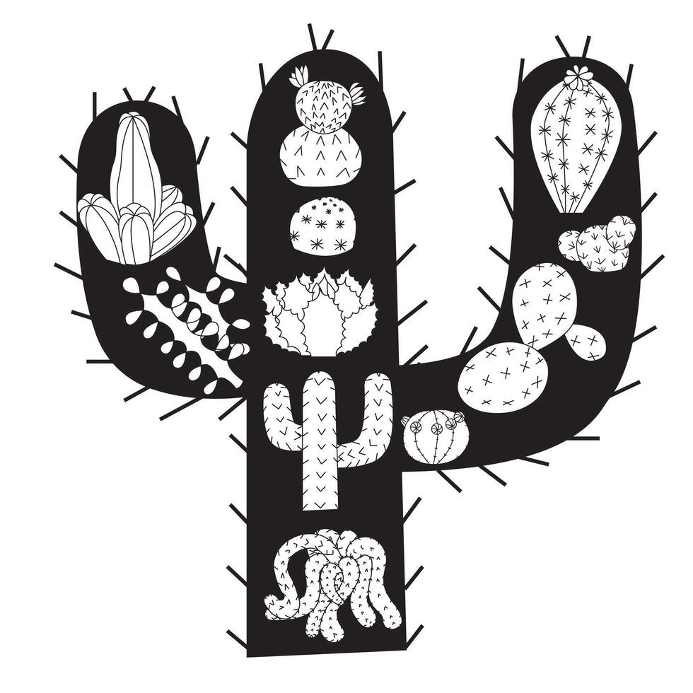 Composition of cacti in doodle style on the background of cactus silhouette. illustration isolated on white background. vector