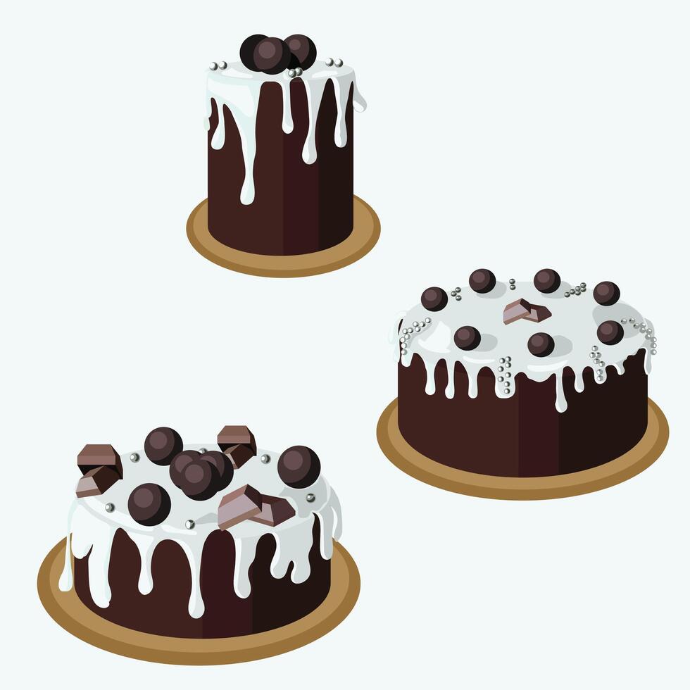 Set of delicious chocolate cakes decorated with chocolate and sprinkles. vector