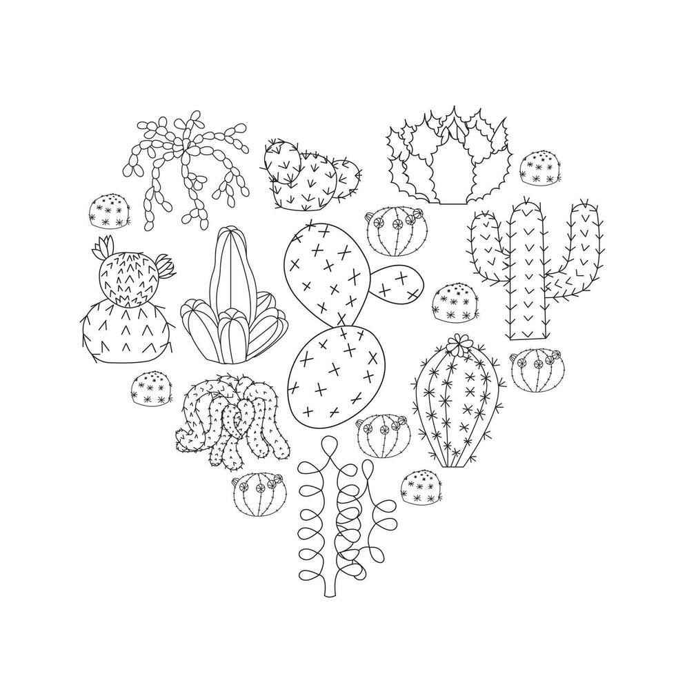 Composition of cacti in the shape of a heart in doodle style. illustration isolated on white background. vector