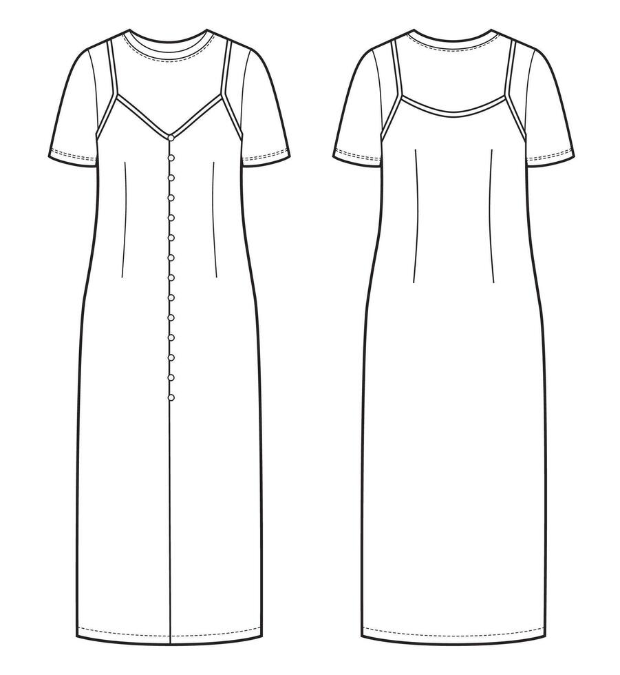 Satin slip dress and t shirt design flat sketch vector