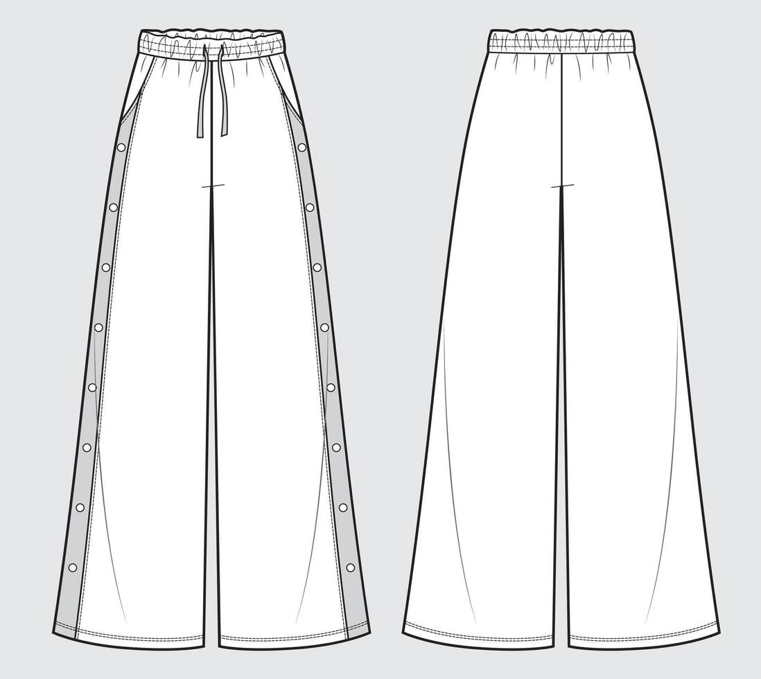 Wide leg pants with buttons, fashion flat template vector