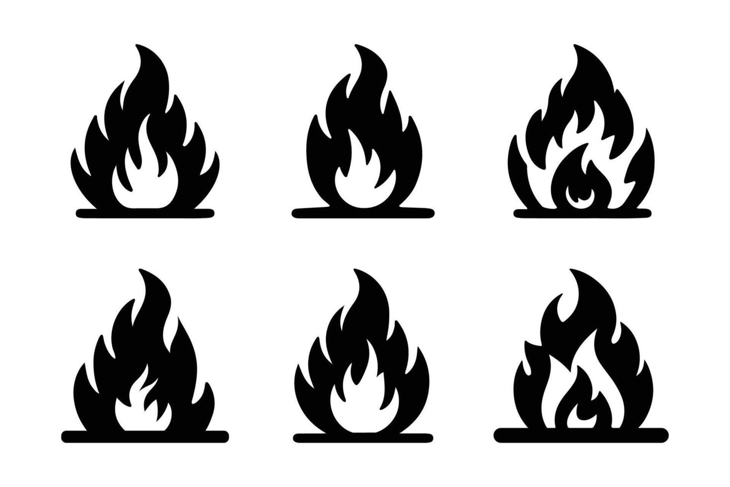 fire flame icon set, simple bonfire silhouette vector