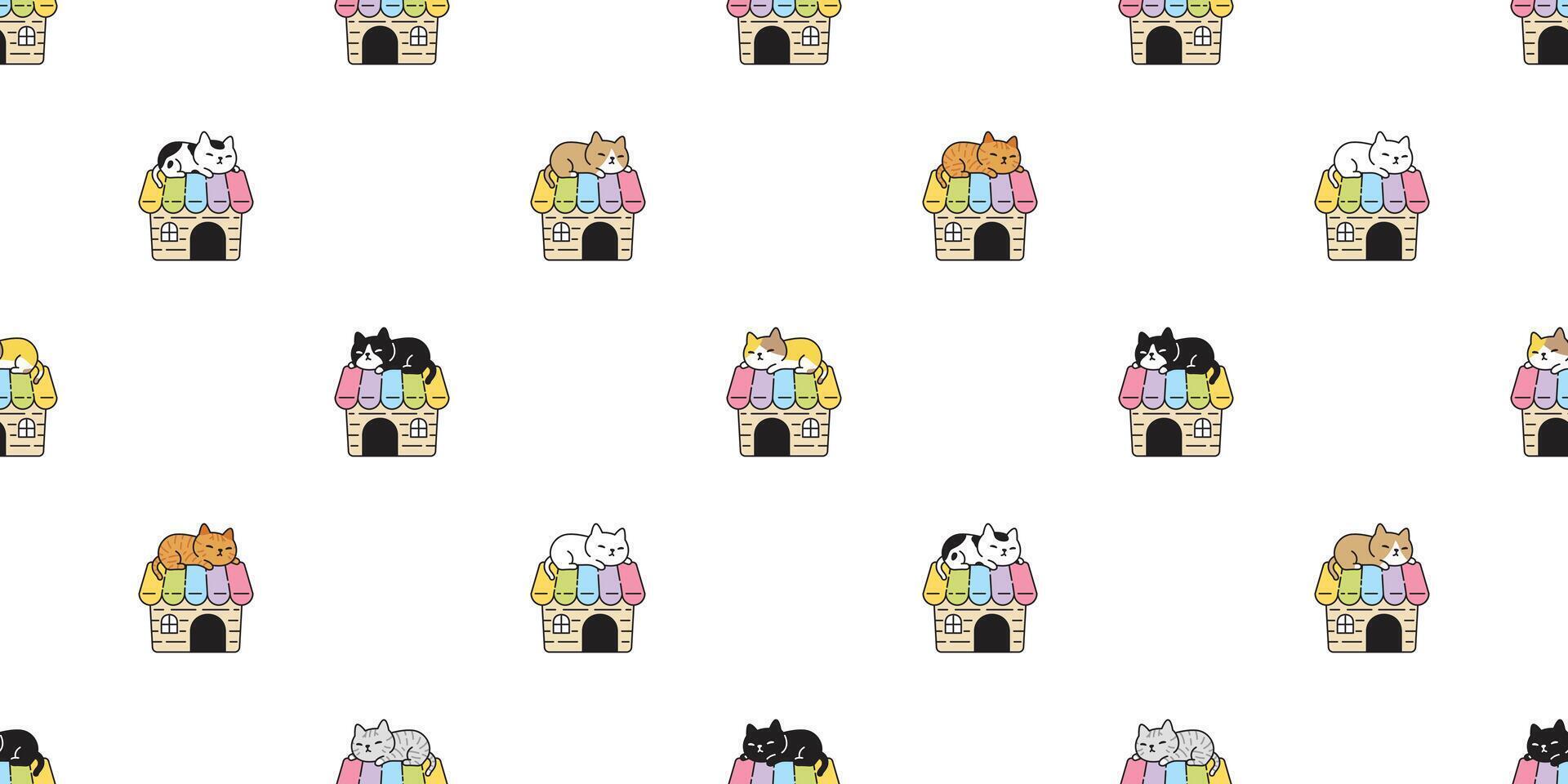 cat seamless pattern kitten house calico neko rainbow roof cartoon character breed pet gift wrapping paper tile background repeat wallpaper animal doodle illustration design scarf isolated vector