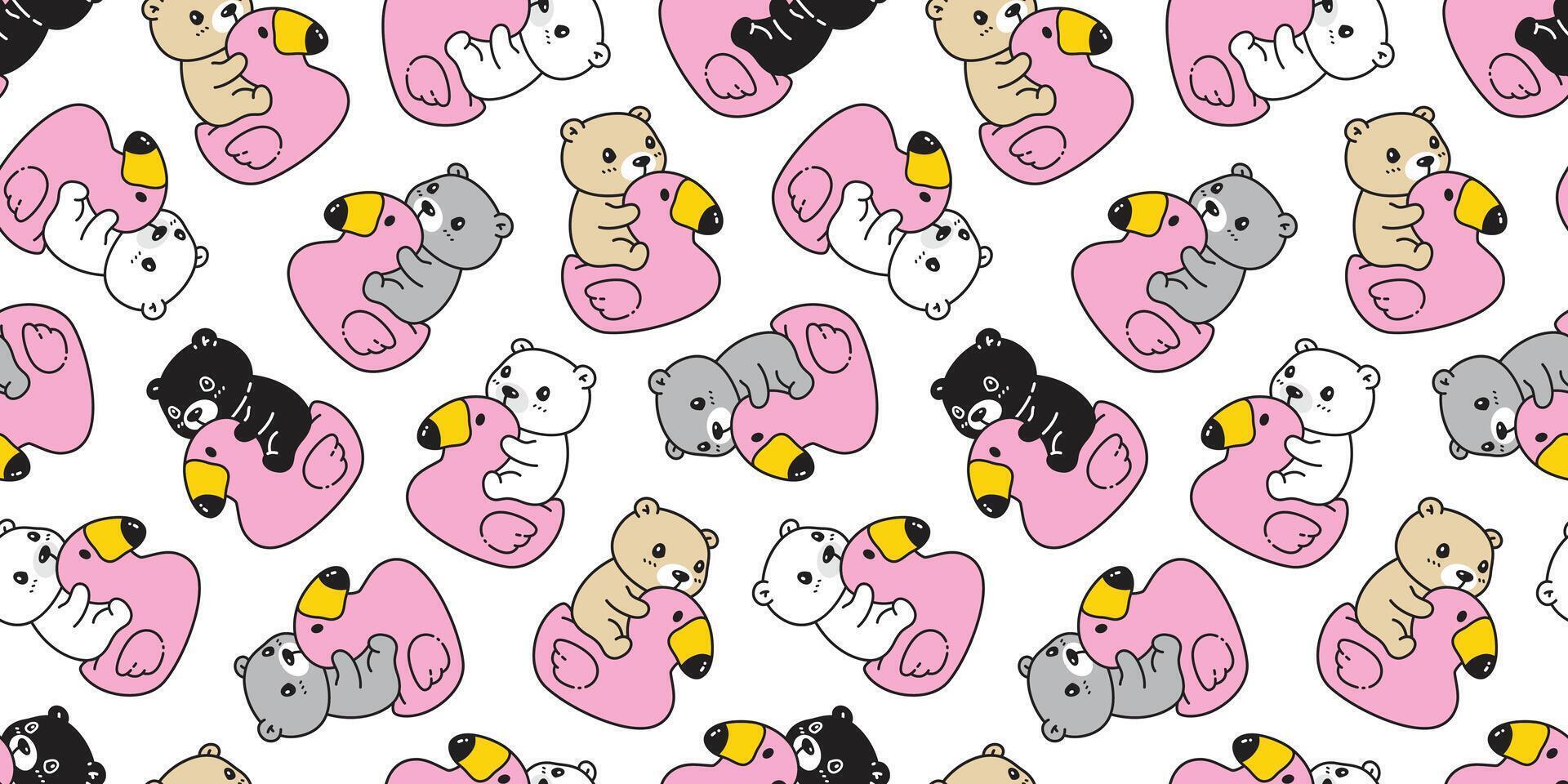 bear polar seamless pattern flamingo swimming ring inflatable duck rubber teddy cartoon doodle tile background gift wrapping paper repeat wallpaper scarf isolated illustration design vector