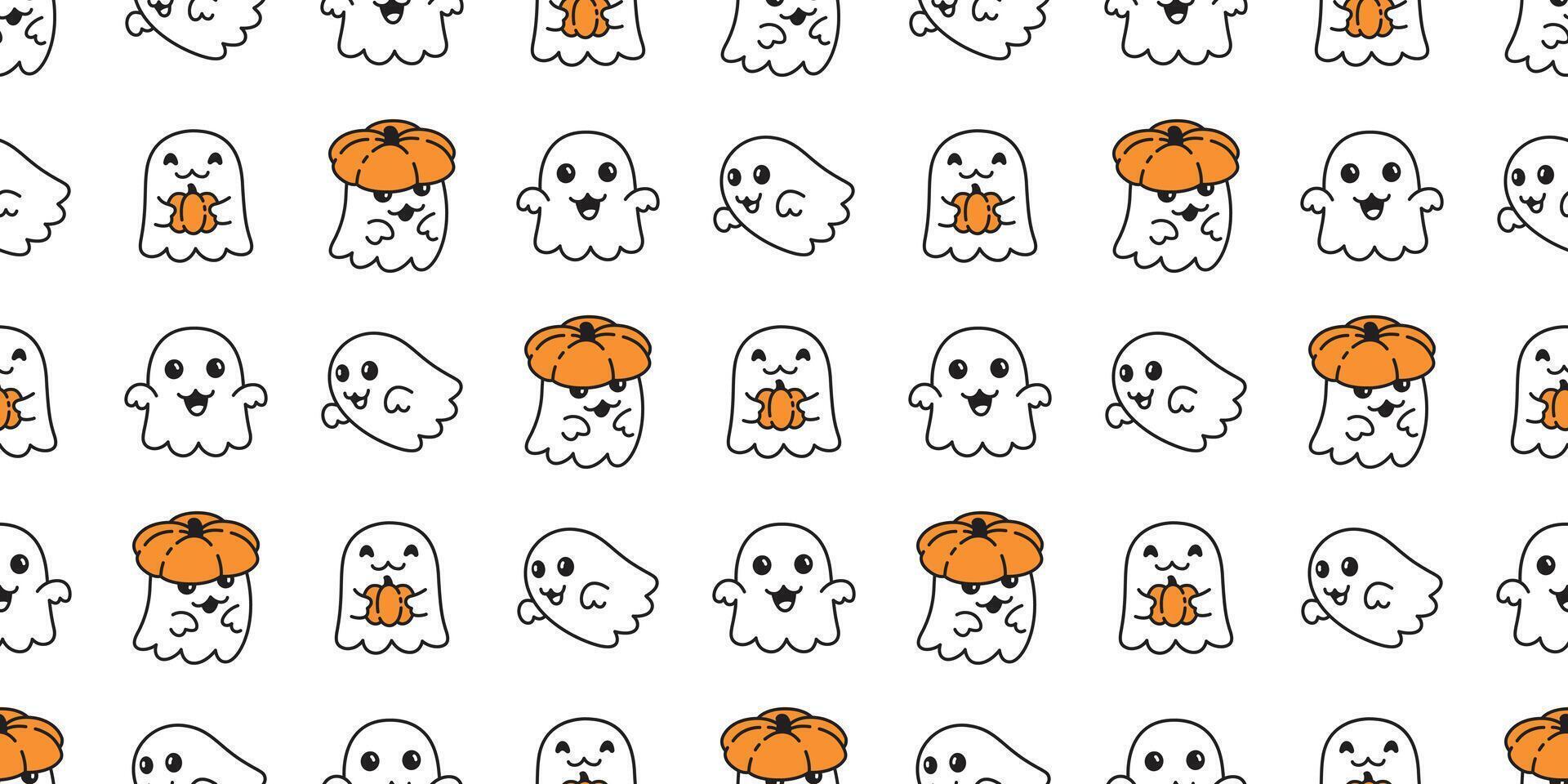 spooky seamless pattern Ghost Halloween pumpkin head hat cartoon gift wrapping paper repeat wallpaper tile background scarf isolated devil evil illustration doodle design vector