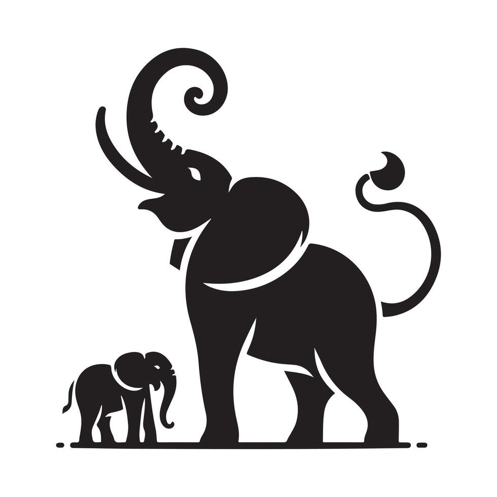 Black elephant and baby elephant silhouette. vector