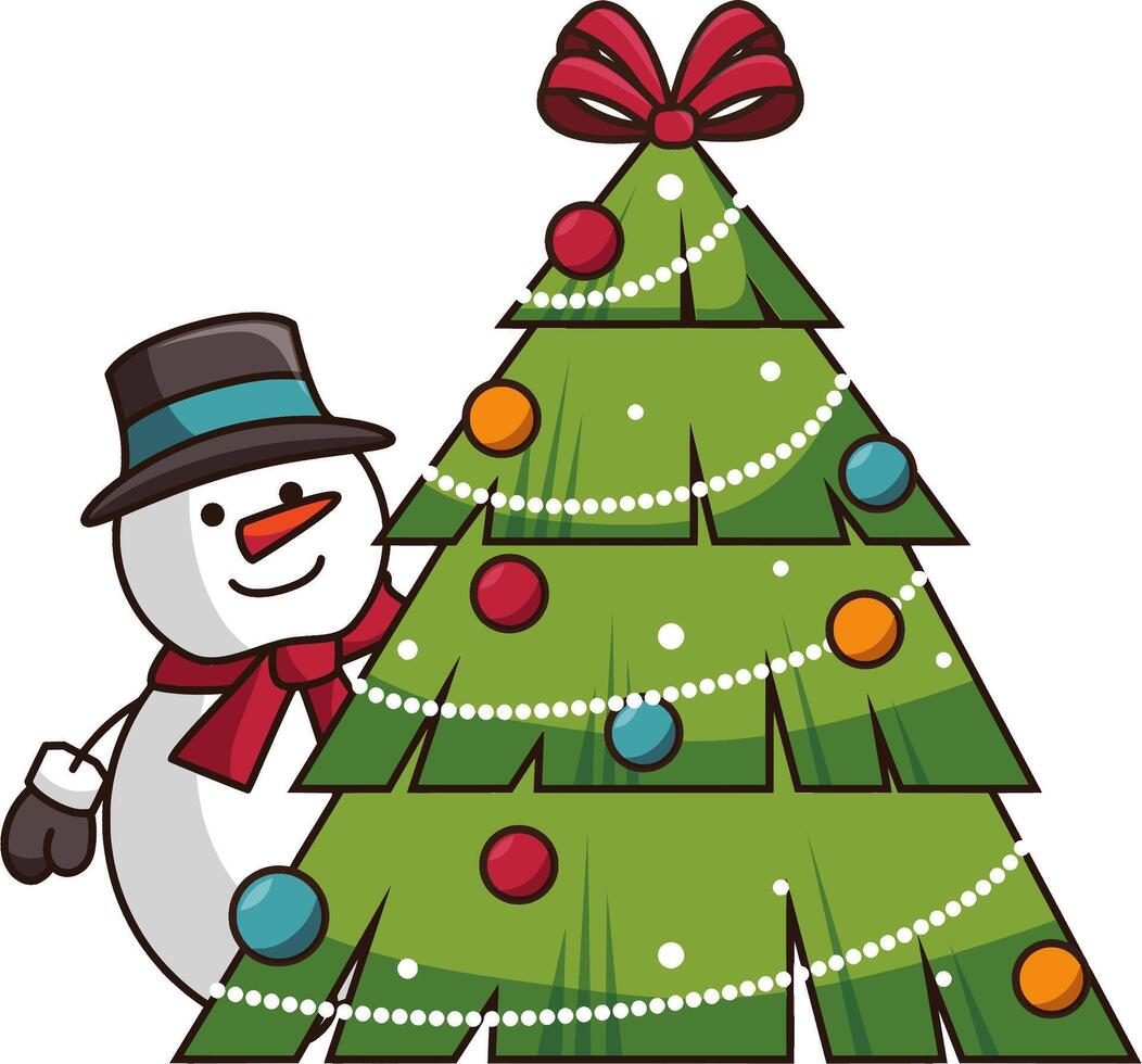 a cartoon snowman next to a christmas tree vector