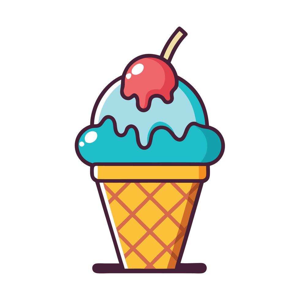 Cone Ice cream with cherry design dessert icon flat illustration vector
