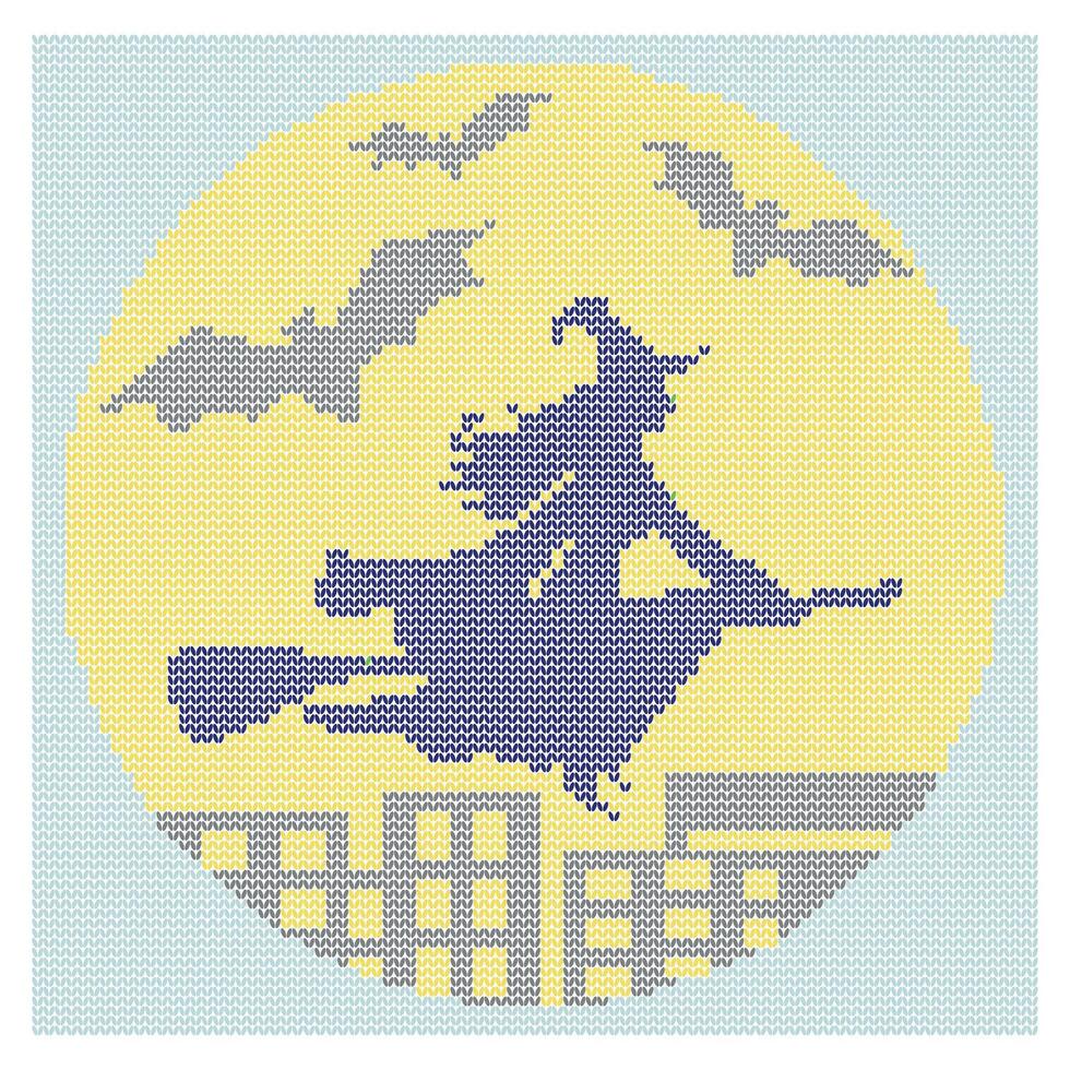 Halloween. Witch on a broom and bats over the night city. Illustration, imitation of knitted fabric. Can be used to create patterns, backgrounds, covers, souvenirs, textiles, clothes. vector