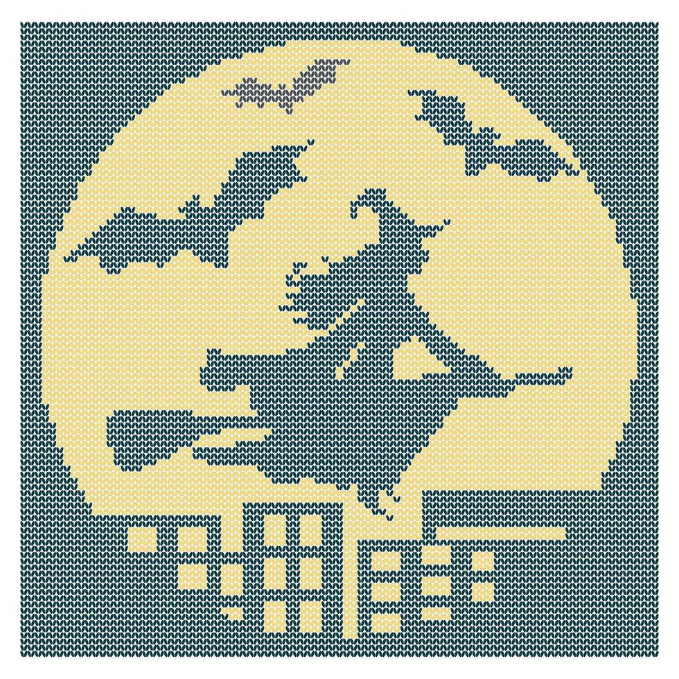 Witch on a broom and bats over the night city. Halloween. Illustration, imitation of knitted fabric. Can be used to create patterns, backgrounds, covers, souvenirs, textiles, clothes. vector