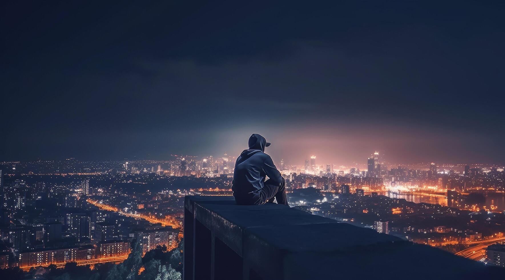 Man sitting on edge of building looking at city at night photo