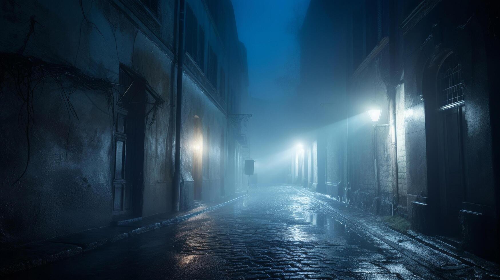 A dark alleyway with a street light at night photo