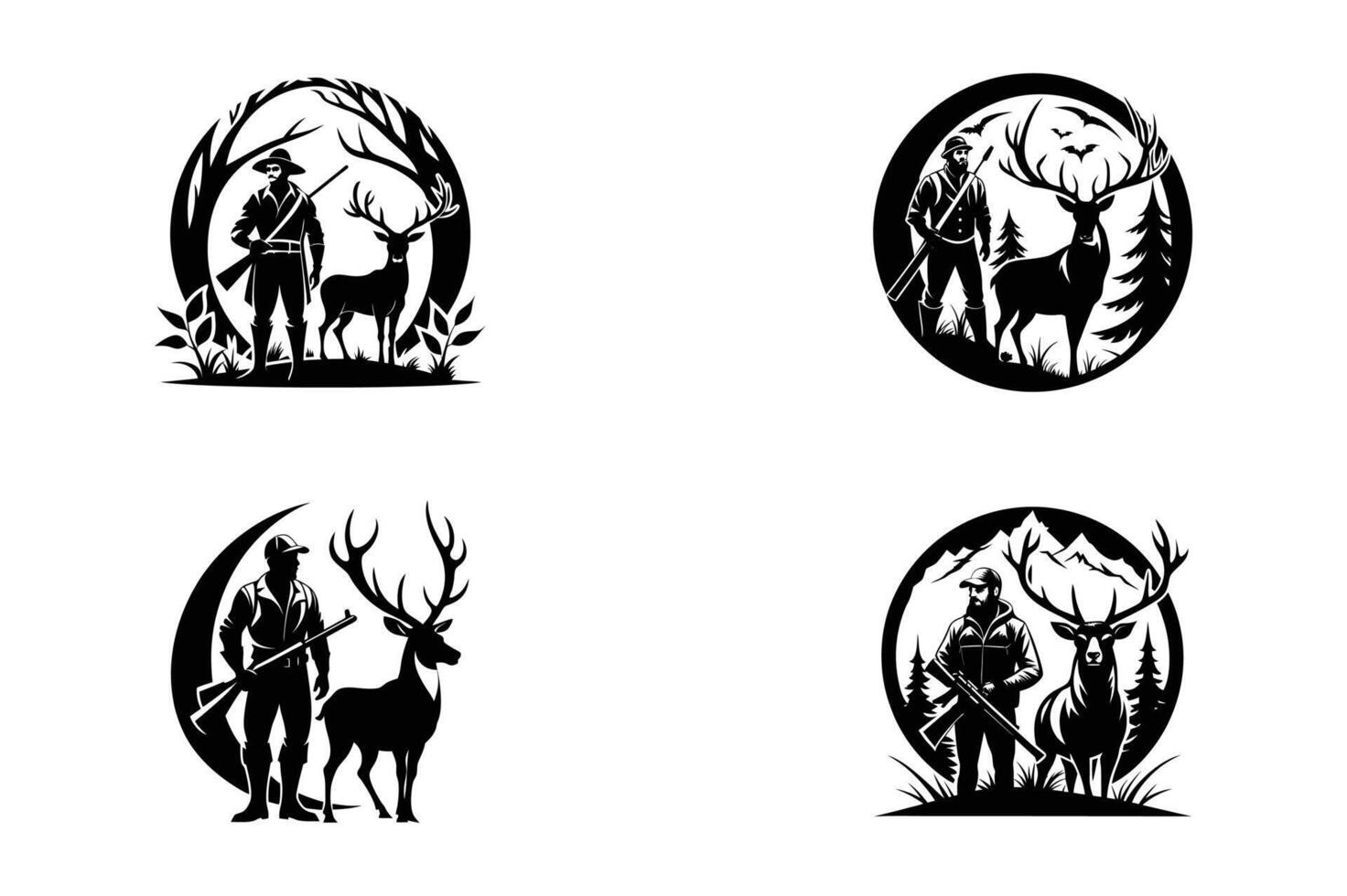 Four silhouettes of deer and man with bow vector