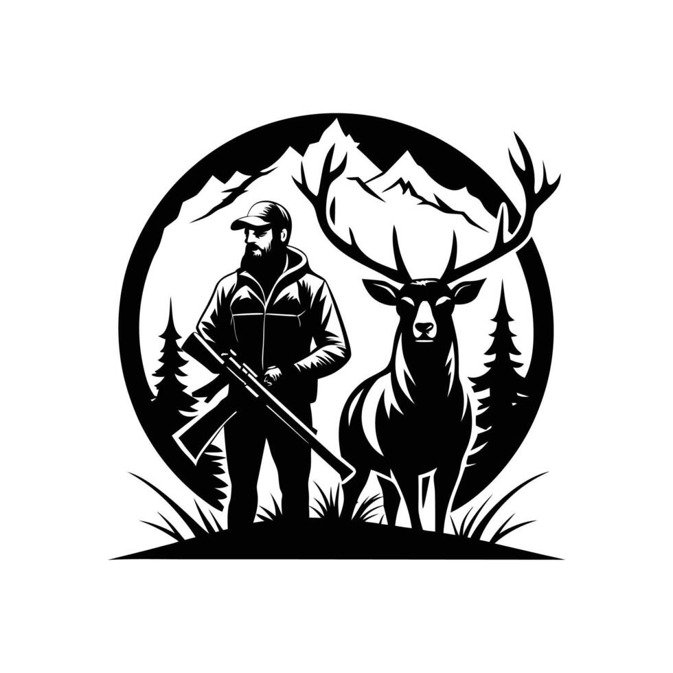Hunting deer with rifle and hunter in forest vector
