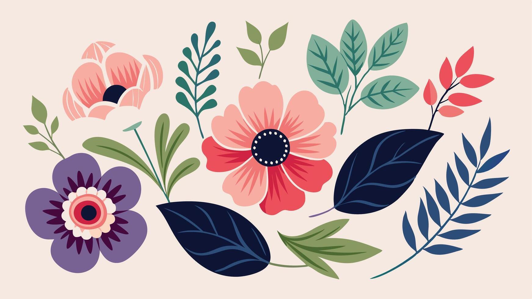 floral set with leaves and gray flowers vector
