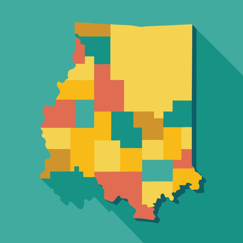 Illustration of long shadow map of indiana with colored states illustration vector