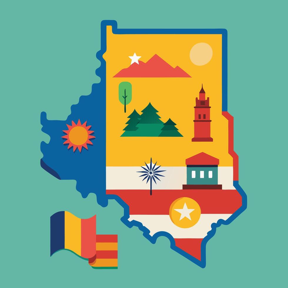 Romania flat icon map with national symbols and flag vector
