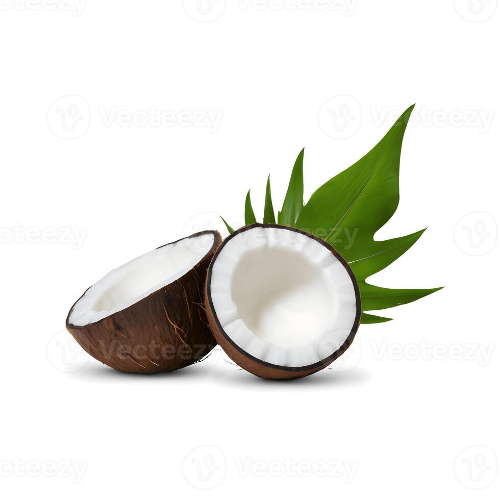 Two half of cocos fruit with leaf isolated on white photo