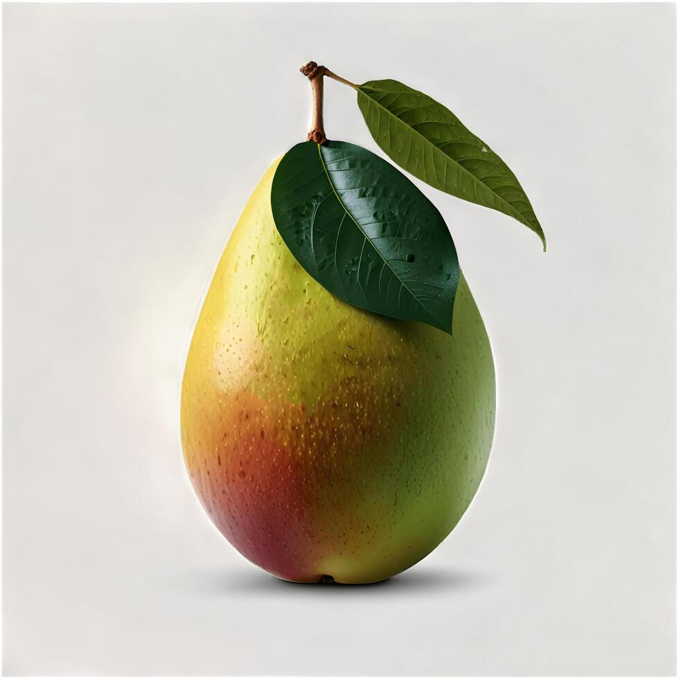 Ripe mango with green leaves isolated photo