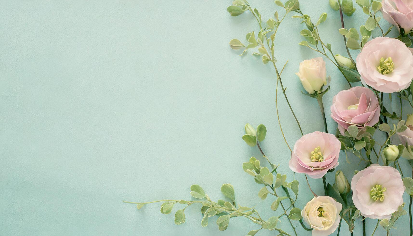 Flat lay floral background backdrop with pastel flowers and greenery.Generated image photo