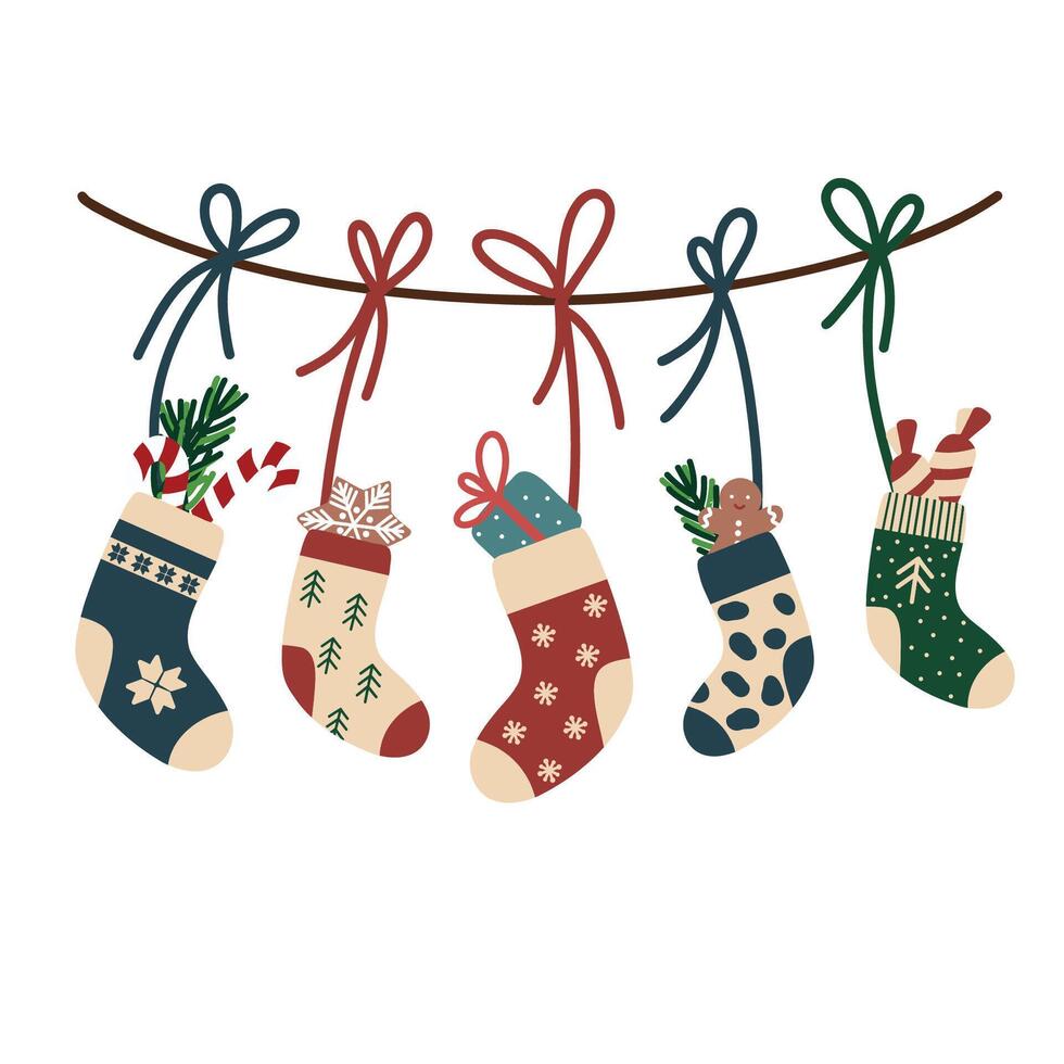 Christmas socks on a rope with gifts for children. Gift box, gingerbread cookies. Cotton or wool sock with various patterns, snowflakes, herringbones, geometric patterns. vector
