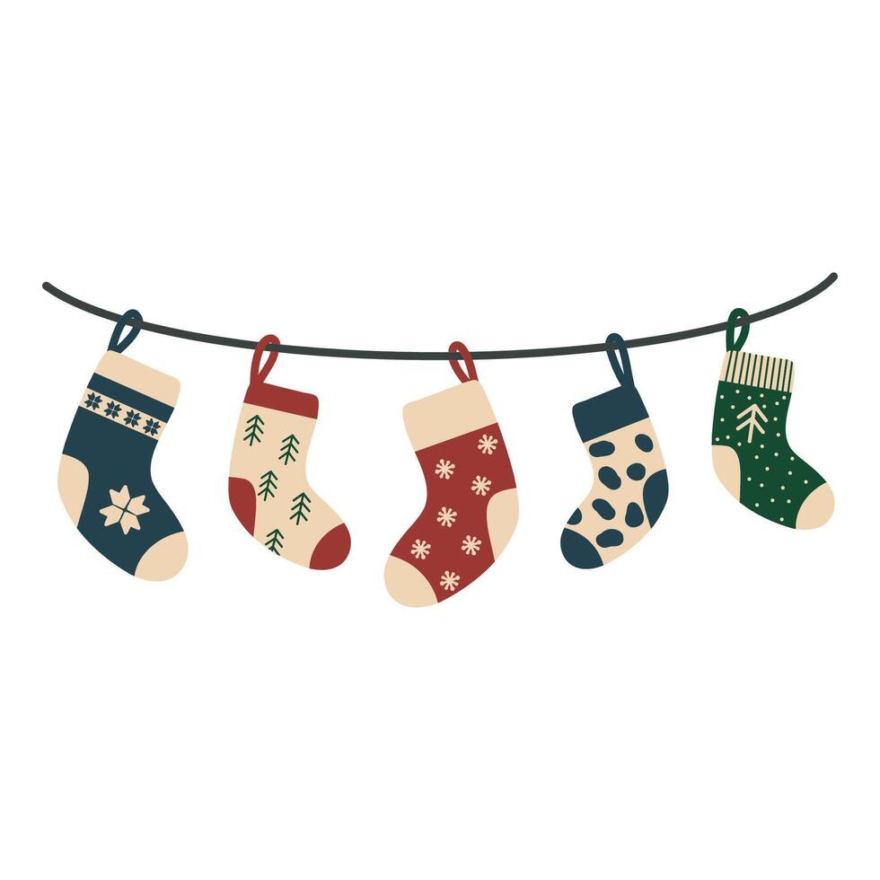 A set of winter cotton and wool socks with different patterns, patterns, colors and designs. Collection of cute winter shoes in the background. Colorful flat textured illustration. vector
