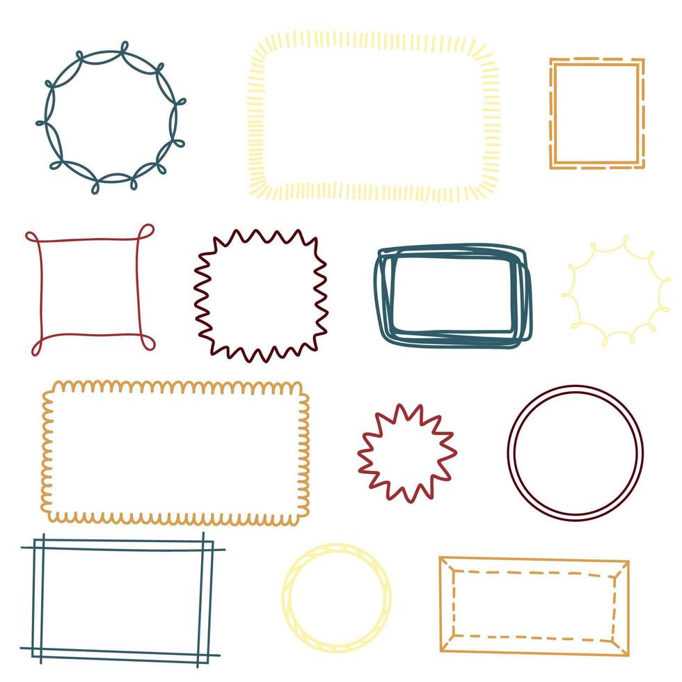 Doodle and square scalloped frames. Hand drawn scalloped edge rectangle and ellipse shapes. Simple label form. Lace frame. Illustration isolated on white background. vector