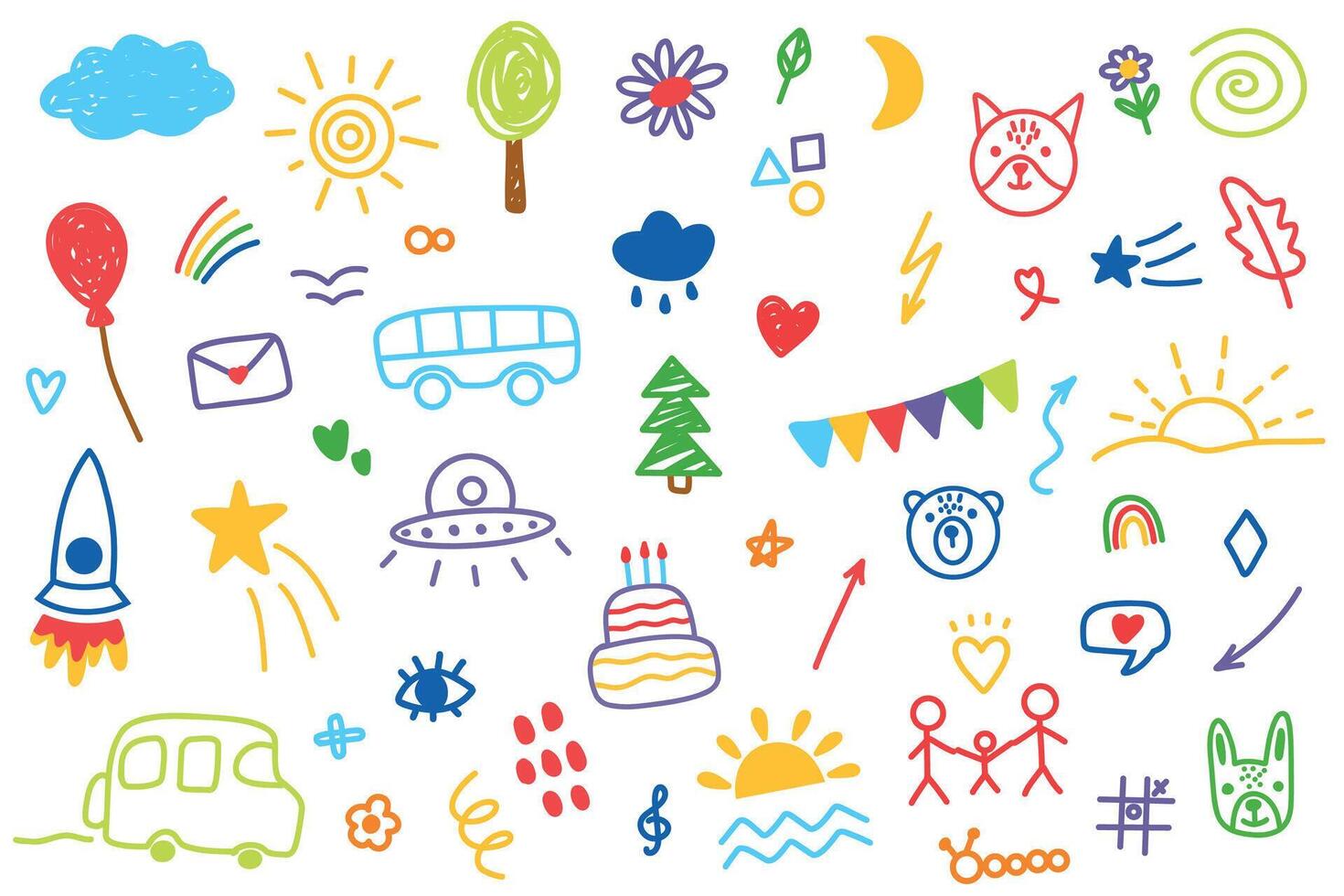 Cute kid flower, cloud, sun, summer illustration. Hand drawn doodle color sketch children cute school chalk background. Kids doodle crayon style line flower, cloud doodle pattern. vector