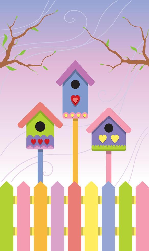 Multicolored Birdhouses on Spring Background vector