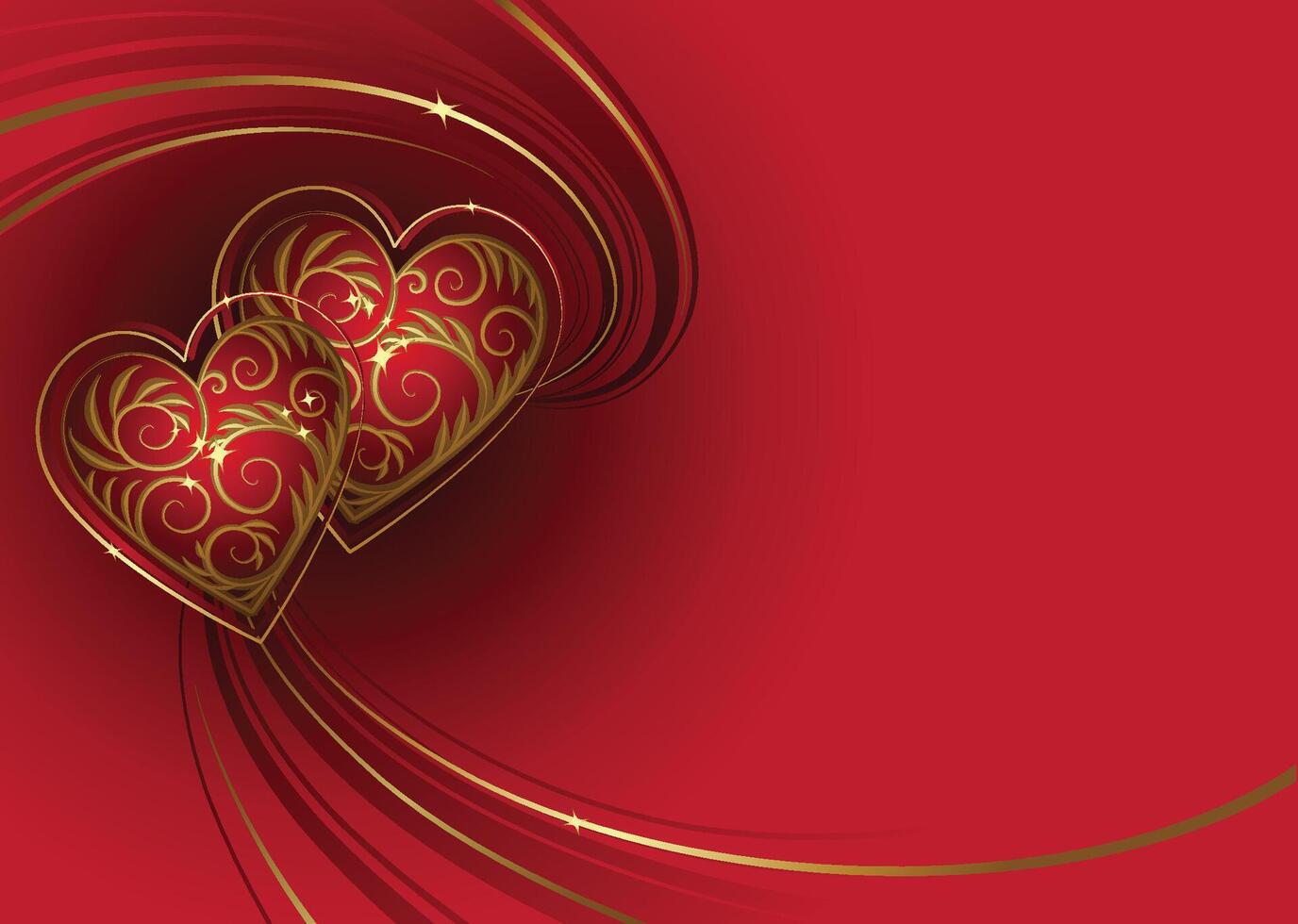 Two Beautiful Hearts and Gold Elements on a Red Background. Valentine Day Greeting Card vector