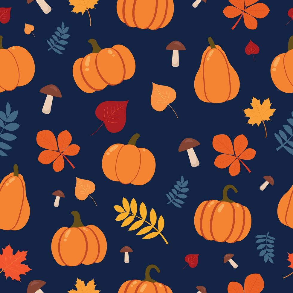 Thanksgiving day seamless pattern with seasonal autumn elements, pumpkins, mushrooms, leaves. vector