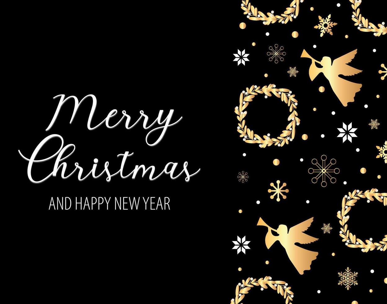 Christmas Banner with Golden and white Decoration with angels and snowflakes. Merry Christmas and Happy New Year vector