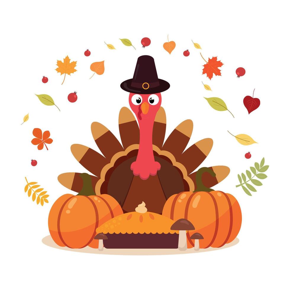 Happy Thanksgiving card with autumn turkey, leaves, pie, mushrooms and pumpkins background vector