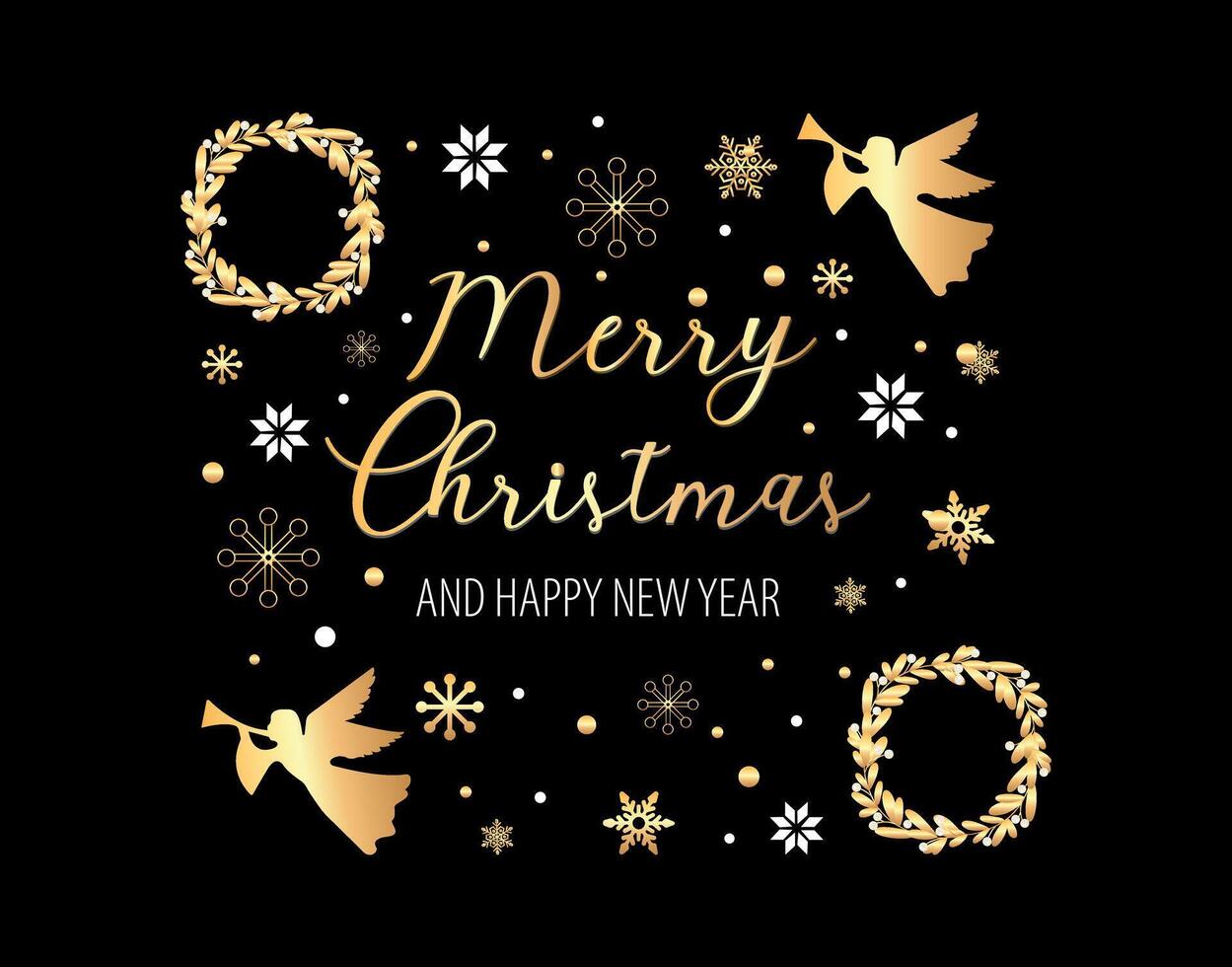 Christmas card with Golden and white Decoration with angels and snowflakes and Christmas wreath. Merry Christmas and Happy New Year vector