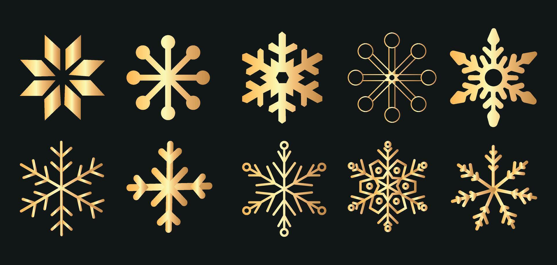 Set of golden decorative snowflakes on a black background. vector