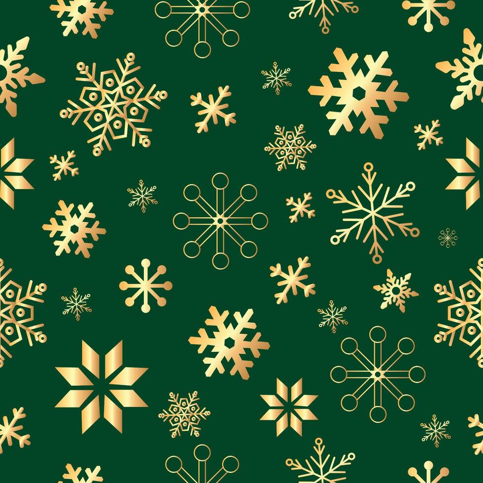 Pattern with golden christmas ornament snowflakes on a green background. vector