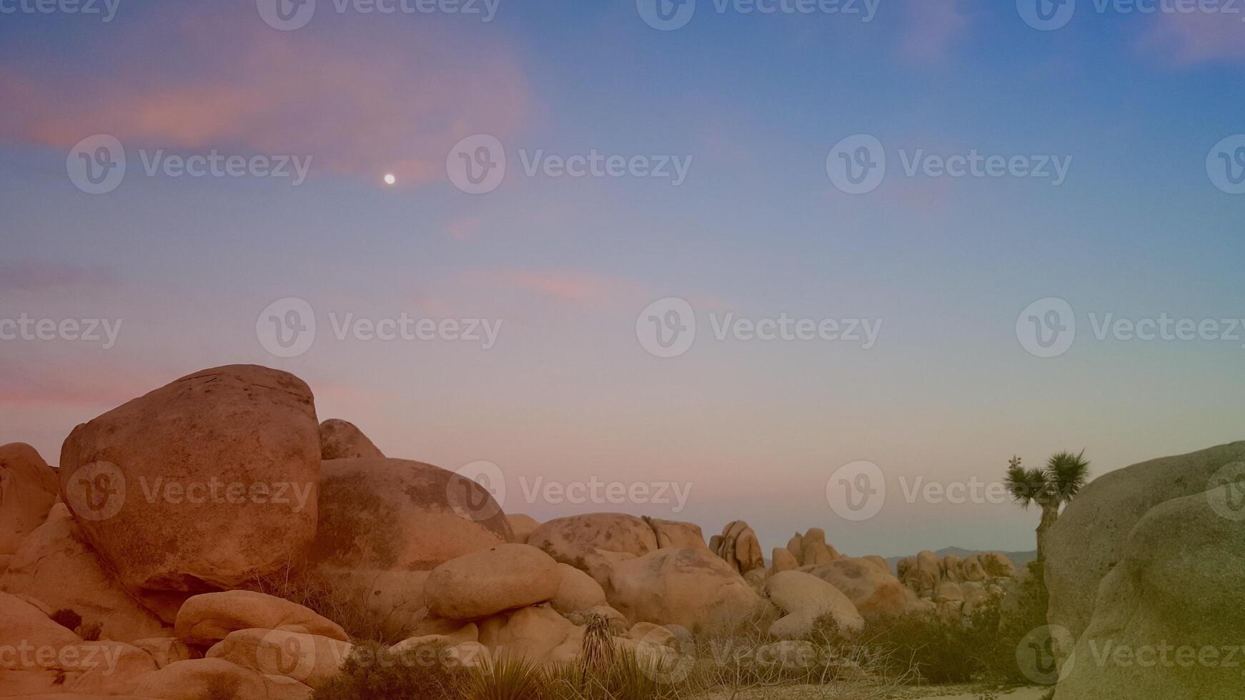 Sunset Moon over Boulders Landscape in Joshua Tree National Park, California photo