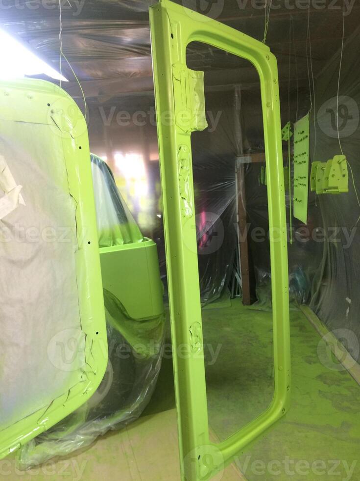 DIY Auto Body Work, Windshield Frame, Lime Green Paint Job, 1990s Vehicle photo