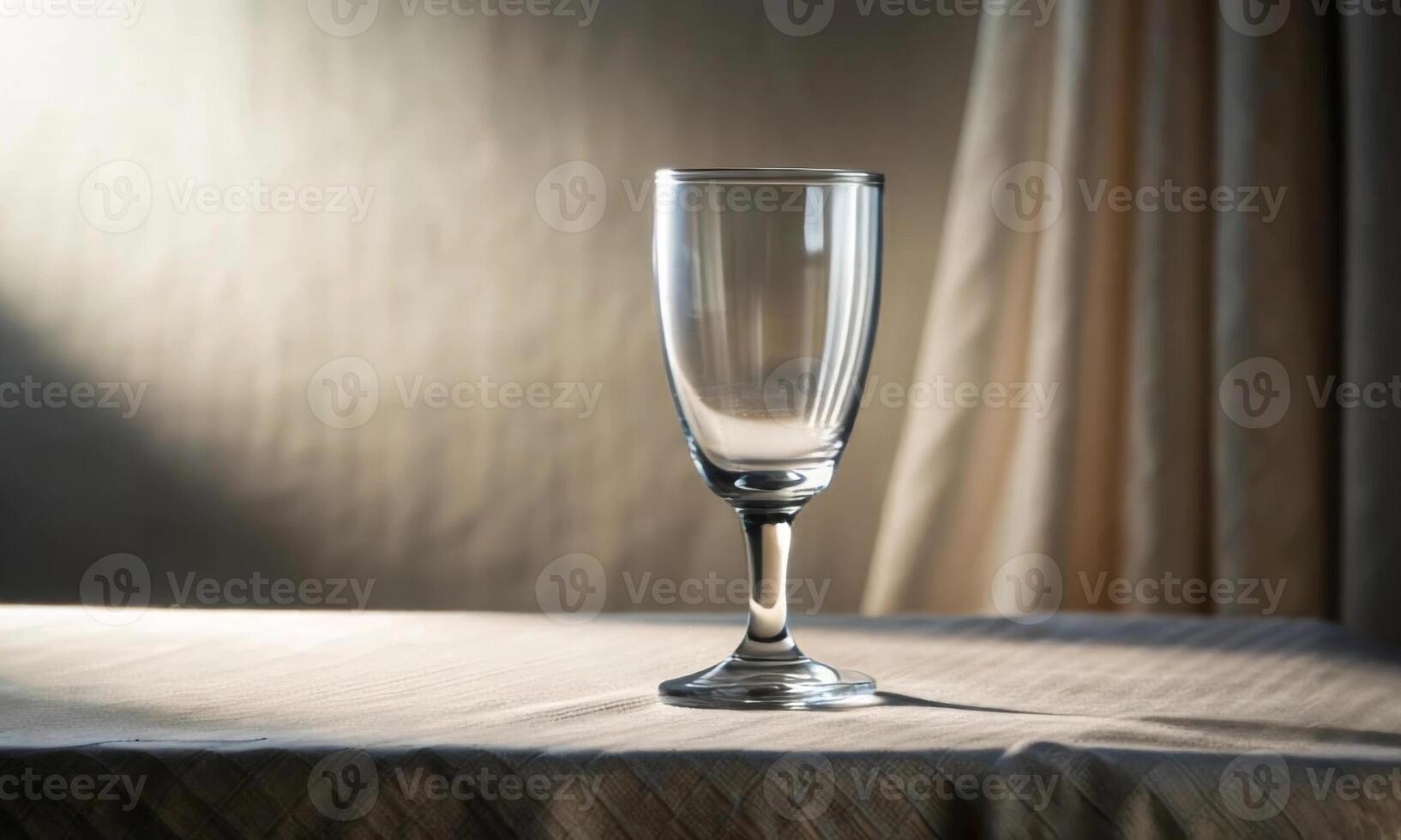 A glass on a light table, against the background of a curtain photo
