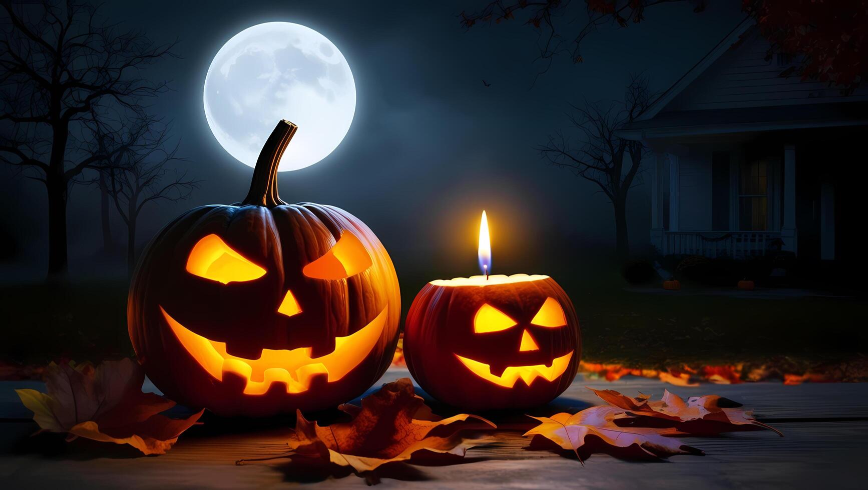 Two jack o lanterns with candles on a table in front of a full moon photo