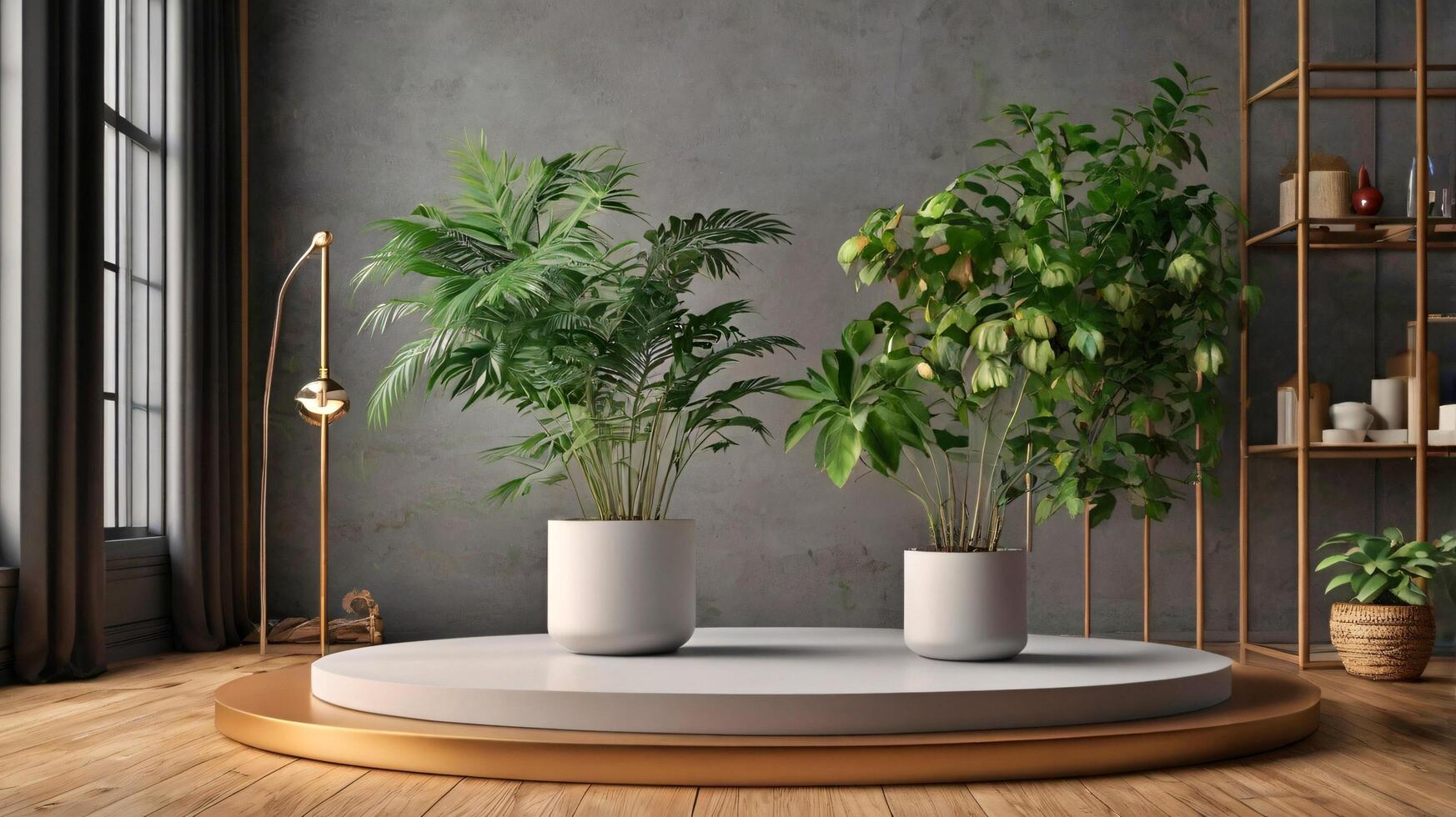 Three potted plants in a room with a wooden floor photo