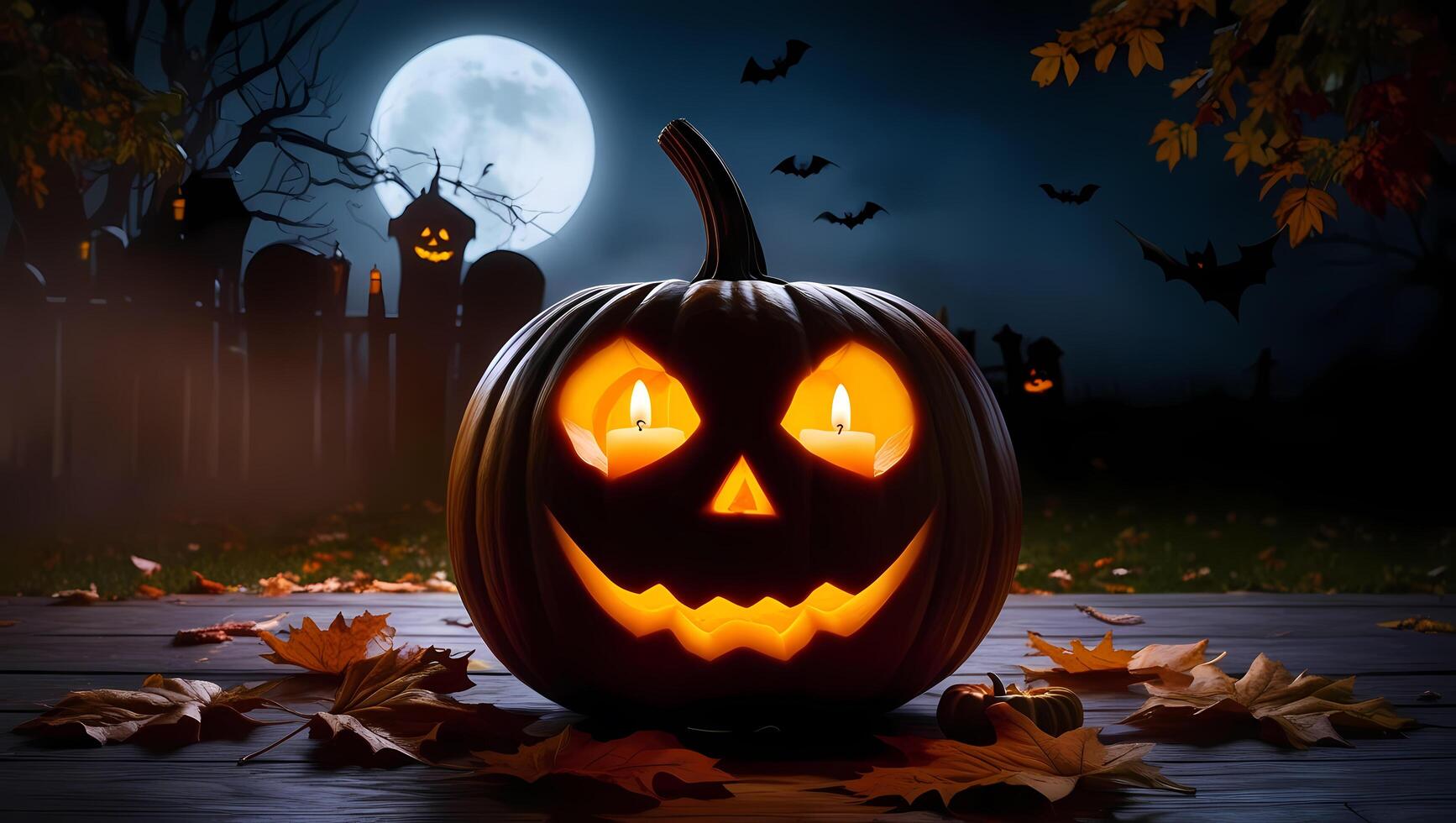 Halloween pumpkin with glowing eyes on a dark background photo