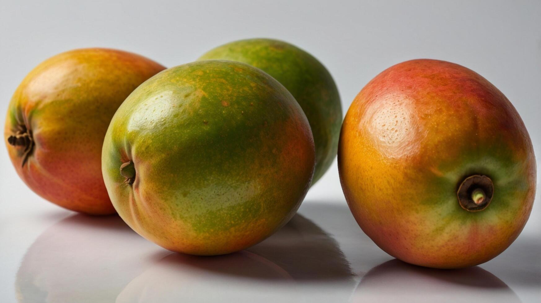Three mangoes are shown on a white surface photo