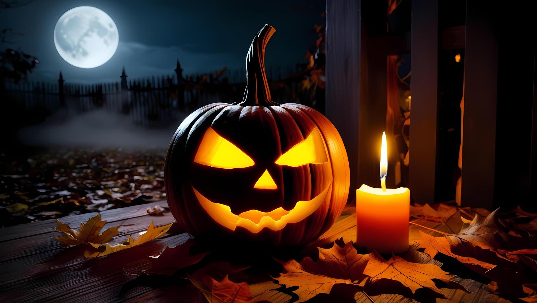 A halloween pumpkin with a candle on a porch photo
