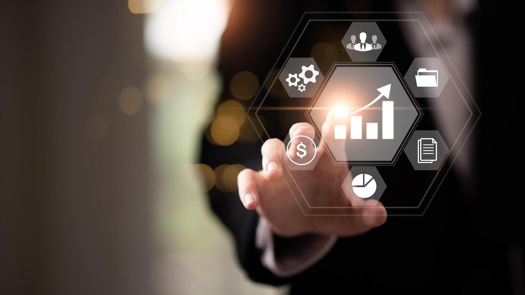 Businessman showing business growth and success graph ,concept of progress in development, financial efficiency and investment with business strategy for goals and opportunities in the industry future photo