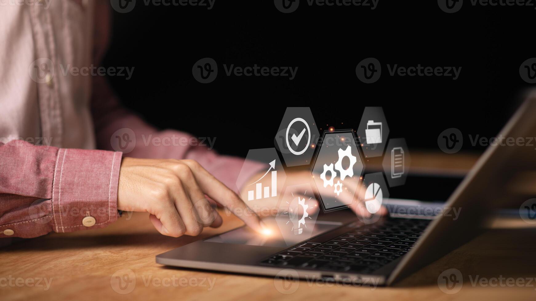 Businessman showing business process and workflow with virtual flowchart ,planning and setting corporate growth goals ,success strategy steps , photo