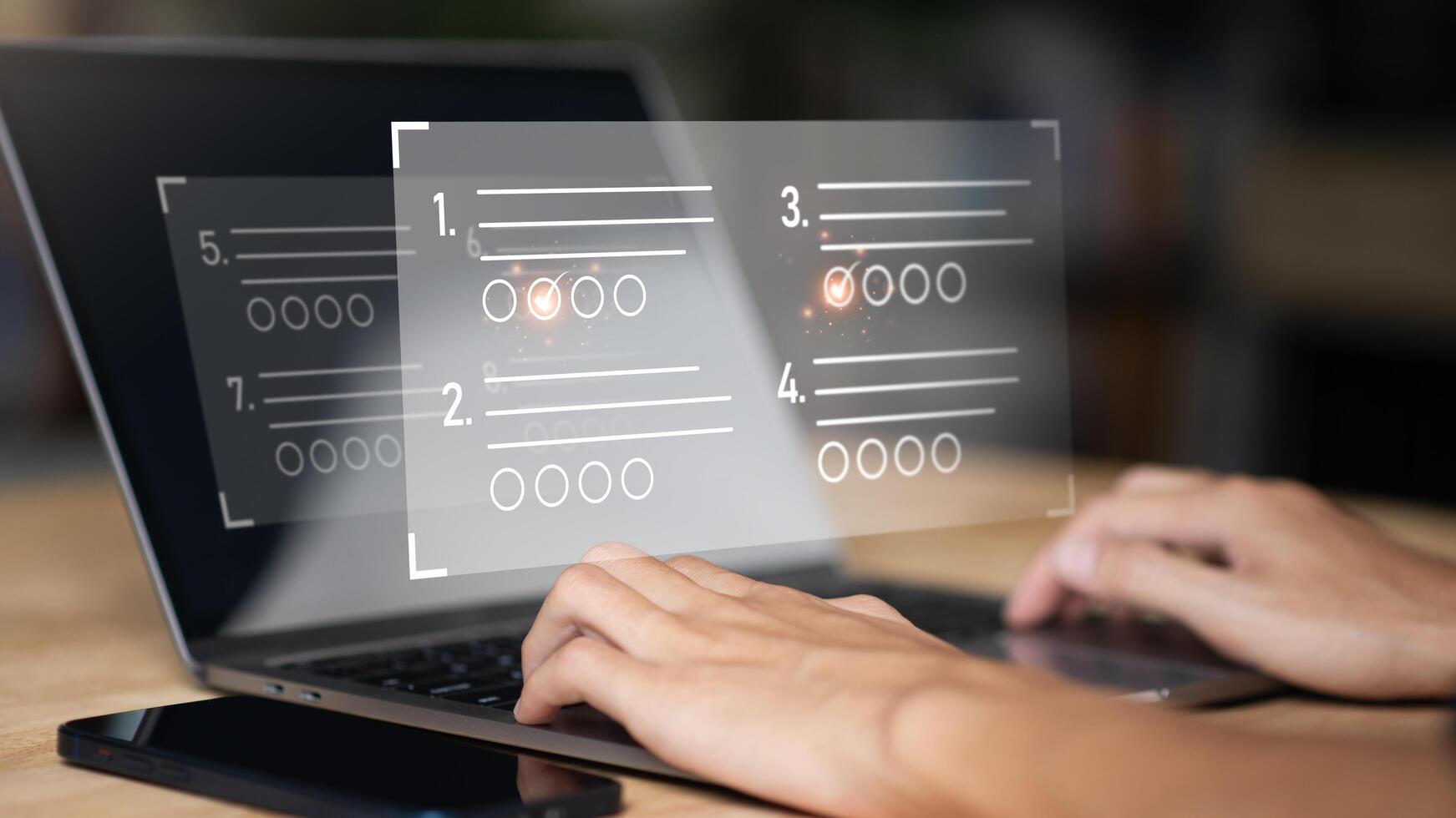 The man chooses the correct answer, marking online,online survey concept online exam filling out survey forms,using technology for education,learning assessment through online documents photo
