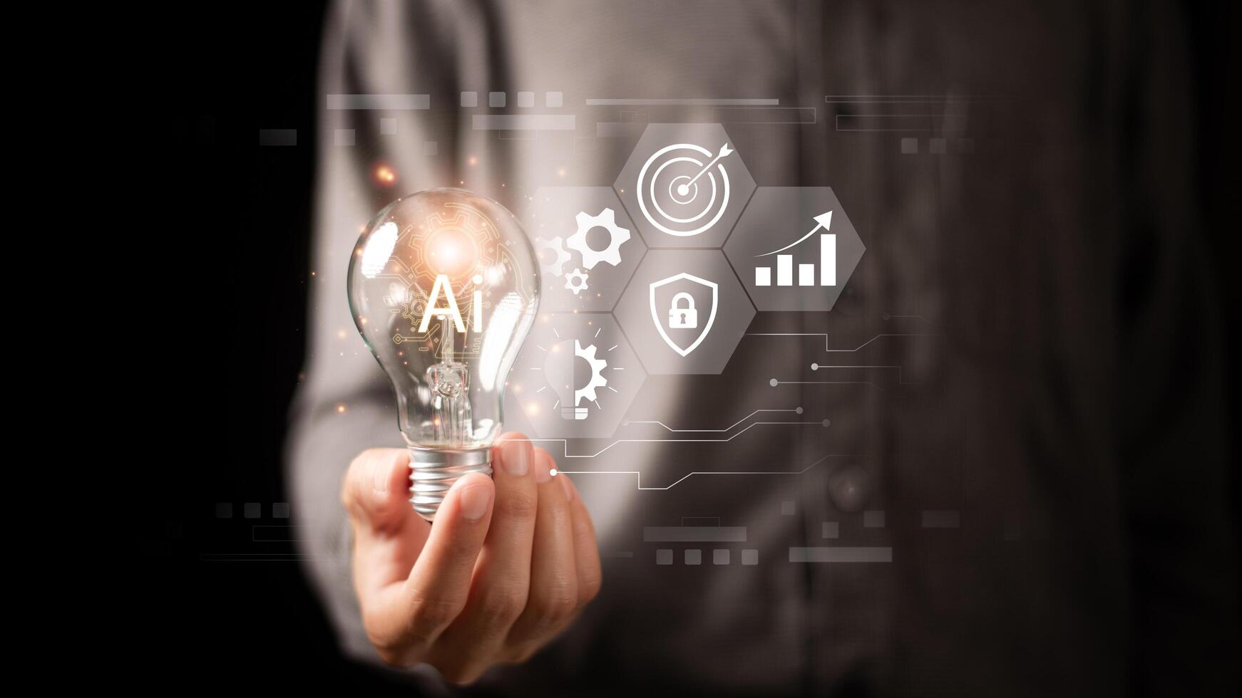 AI ,Businessman showing concept, connection, innovation development and artifacts too artificial intelligence ,ideas and innovation ,Machine learning ,science and technology photo