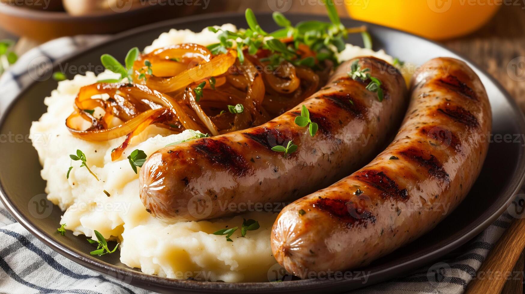 Delicious grilled pork sausages served with creamy mashed potatoes and caramelized onions create comforting and hearty meal. dish is garnished with fresh herbs for added flavor photo